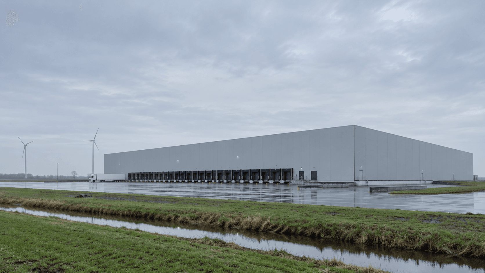 Groot koelhuis met laadperrons, met windmolens in de verte